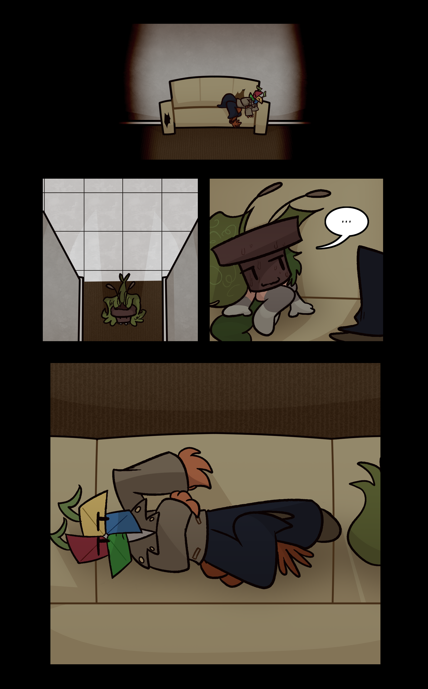 Lowe lay alone on the couch, edges of the panel darkened. Reed, standing in the hallway, joins Lowe, sweating and looking tense overall. Lowe looks vacantly out toward the side, arm crossed over torso.
